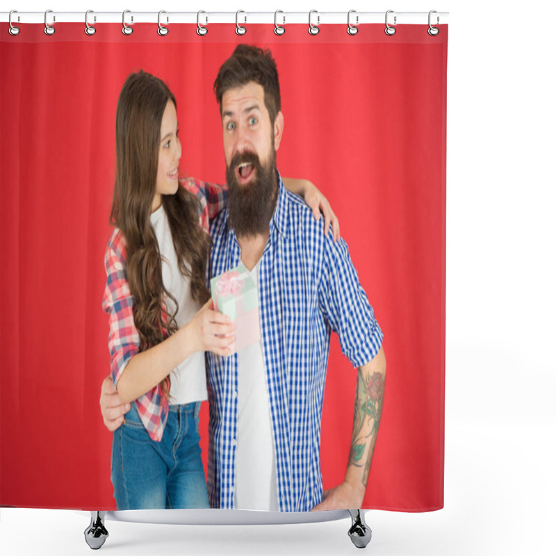 Personality  For Best Dad Ever. Man Bearded Father And Cute Little Girl Daughter On Red Background. Celebrate Fathers Day. Family Values Concept. Friendly Relations. Father Hipster And His Daughter. Gift Surprise Shower Curtains