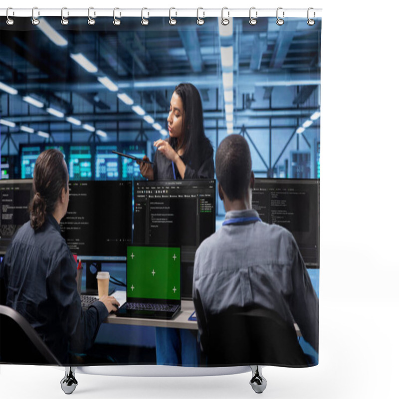 Personality  Multiethnic Team In Server Room Checking Recovery Plan And Monitoring Energy Consumption Using Green Screen Laptop. Multiracial Employees In Data Center Doing Disk Checks Using Mockup Notebook Shower Curtains