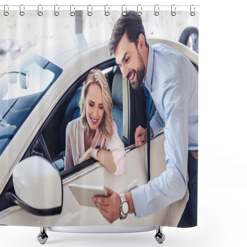 Personality  Salesman Talking With Female Client Sitting In The Car Using Digital Tablet In Dealership Salon Shower Curtains