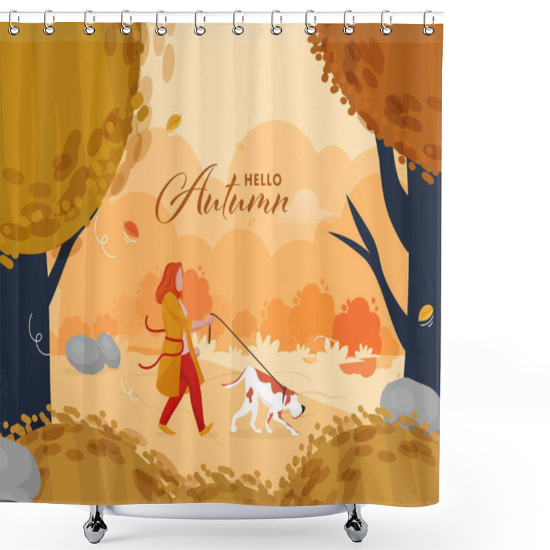 Personality  Hello Autumn Seasonal Background With Young Woman Walking Her Dog Illustration. Shower Curtains