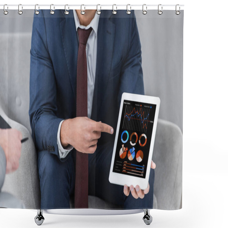 Personality  Cropped Shot Of Businessman In Formal Wear Pointing With Finger At Digital Tablet With Business Charts And Graphs Shower Curtains