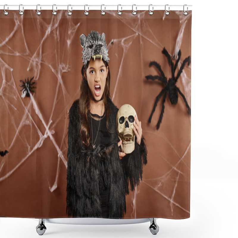 Personality  Close Up Surprised Girl With Open Mouth Holds Skull With Brown Backdrop, Halloween Concept Shower Curtains