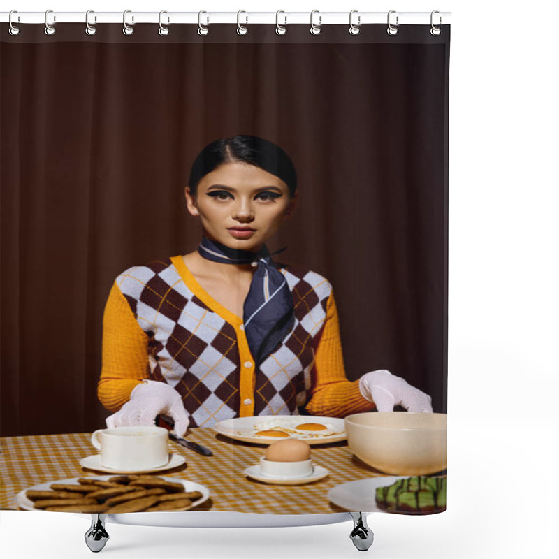 Personality  Stylish Woman In Sweater And Gloves Ready To Enjoy Eggs, Toast, And Coffee For Breakfast. Shower Curtains