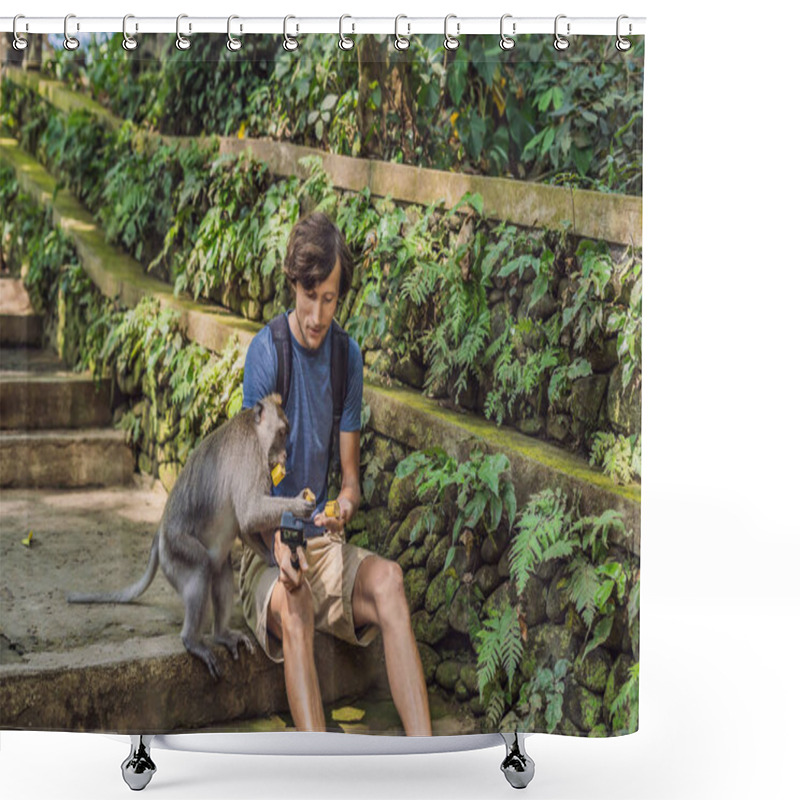 Personality  Young Man Using Selfie Stick For Taking Selfie With Funny Macaque Monkey In Woods Of Bali. Shower Curtains