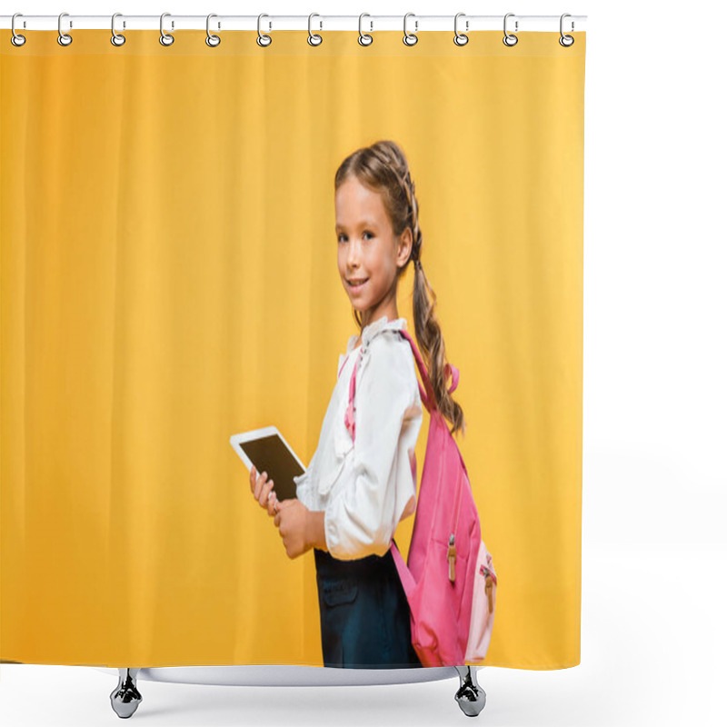 Personality  Happy Schoolkid Holding Digital Tablet With Blank Screen Isolated On Orange  Shower Curtains