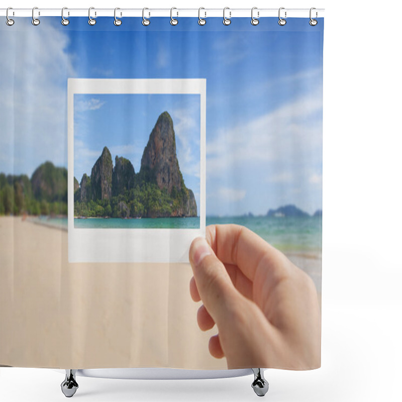 Personality  Hand With Photo Of Beach Shower Curtains