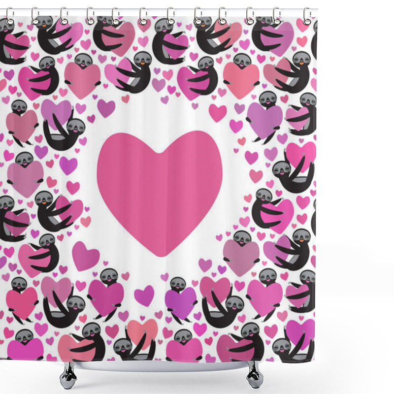 Personality  Three-toed Sloth Holding Pink, Lilac Heart, Isolated On White Background. Valentine's Day Card Banner Template. Funny Kawaii Animal, Copy Space. Vector Shower Curtains