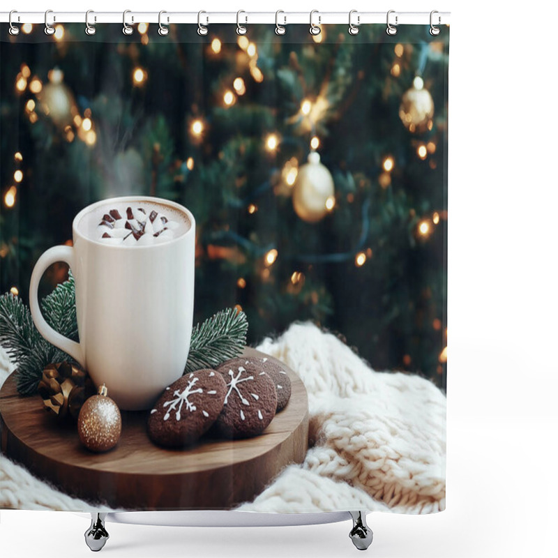 Personality  A Cozy Christmas Breakfast Featuring Hot Chocolate And Cookies, With A Beautifully Decorated Tree In The Background. Generated With AI Shower Curtains