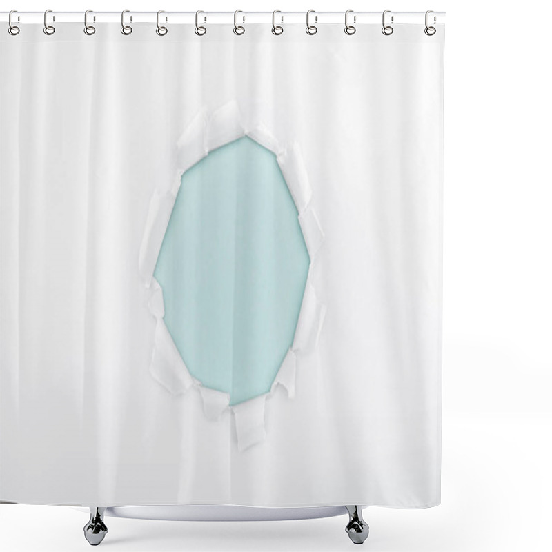 Personality  Ripped  Hole In White Textured Paper On Light Blue Dotted Background  Shower Curtains