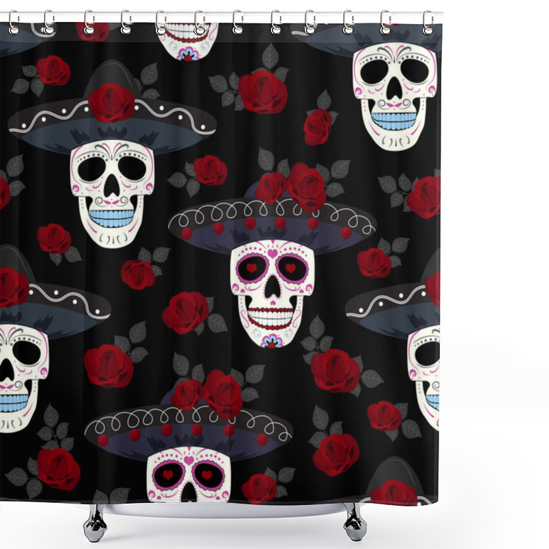 Personality  Day Of The Dead Skull With Floral Ornament And Roses Seamless Pattern On Black Background. Dia De Los Muertos Celebration Pattern Background. Vector Illustration Shower Curtains