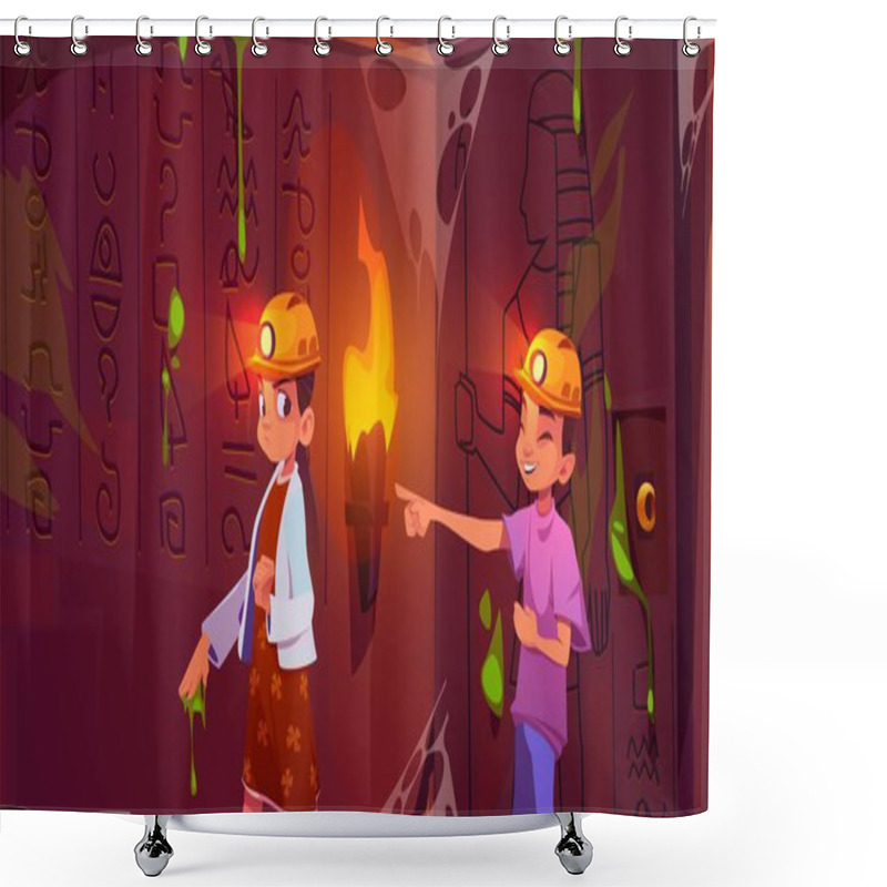 Personality  Children Exploring Ancient Egyptian Treasury. Vector Cartoon Illustration Of Teen Girl And Boy In Dark Dungeon With Hieroglyphs And Pictures, Fire Torches, Sticky Slime, Dusty Cobweb On Stone Wall Shower Curtains