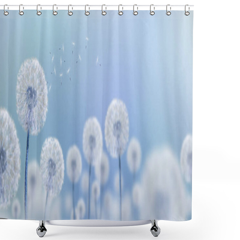 Personality  White Dandelions On Blue Background, Wide View Shower Curtains