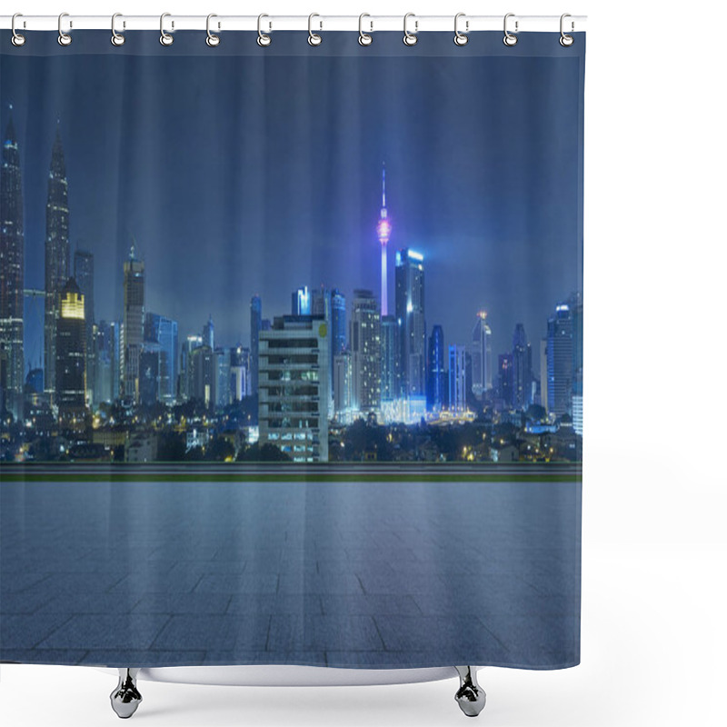 Personality  Empty Square Ground Floor With City Skyline Background. Night Scene . Shower Curtains