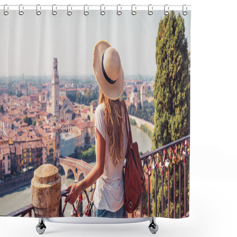 Personality  Woman Tourist Looking At Panoramic View Of Verona- Travel, Tour Tourism In Italy Shower Curtains