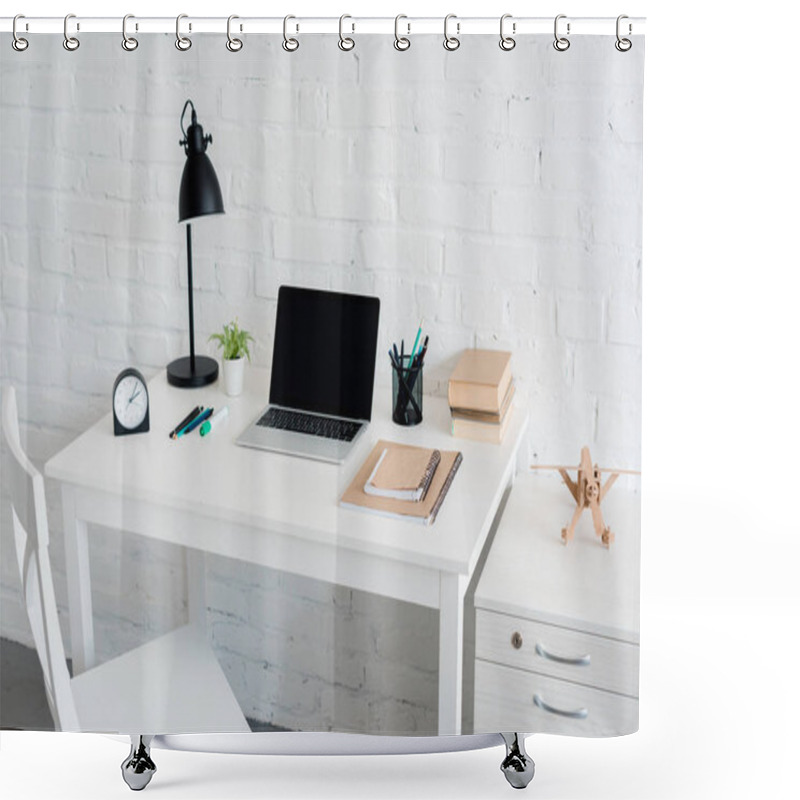 Personality  Modern Workplace With Laptop At Home In Front Of White Brick Wall Shower Curtains