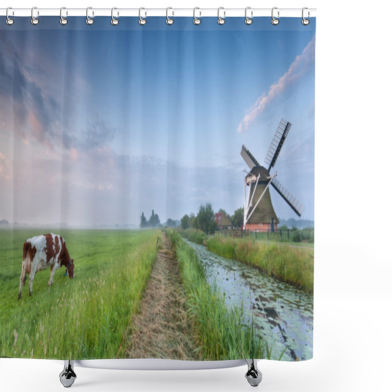 Personality  Cow On Pasture And Windmill By River Shower Curtains