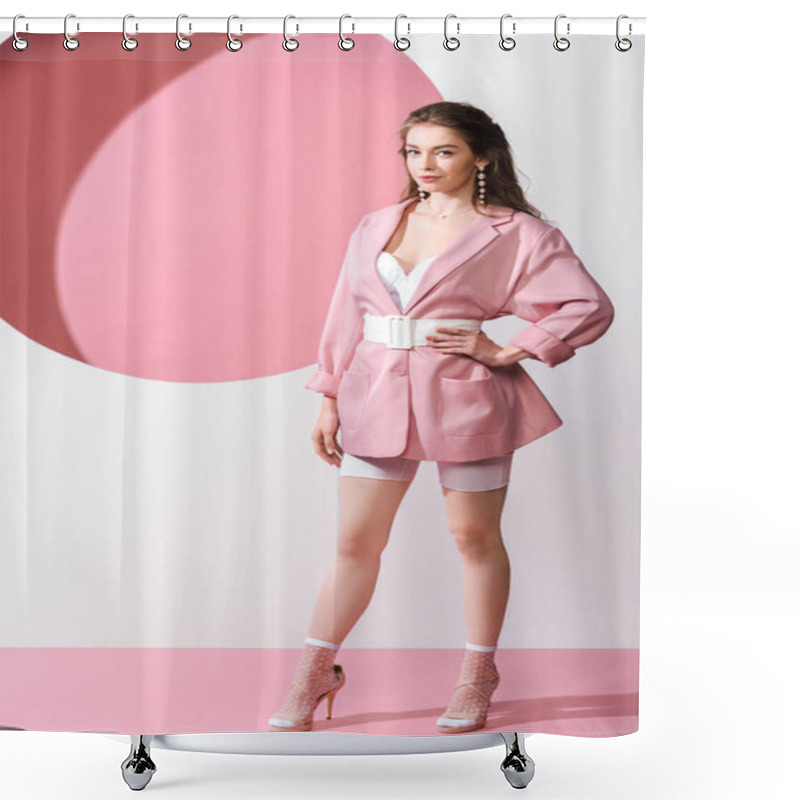 Personality  Stylish Woman In Blazer With Belt Standing With Hand On Hip On White And Pink  Shower Curtains