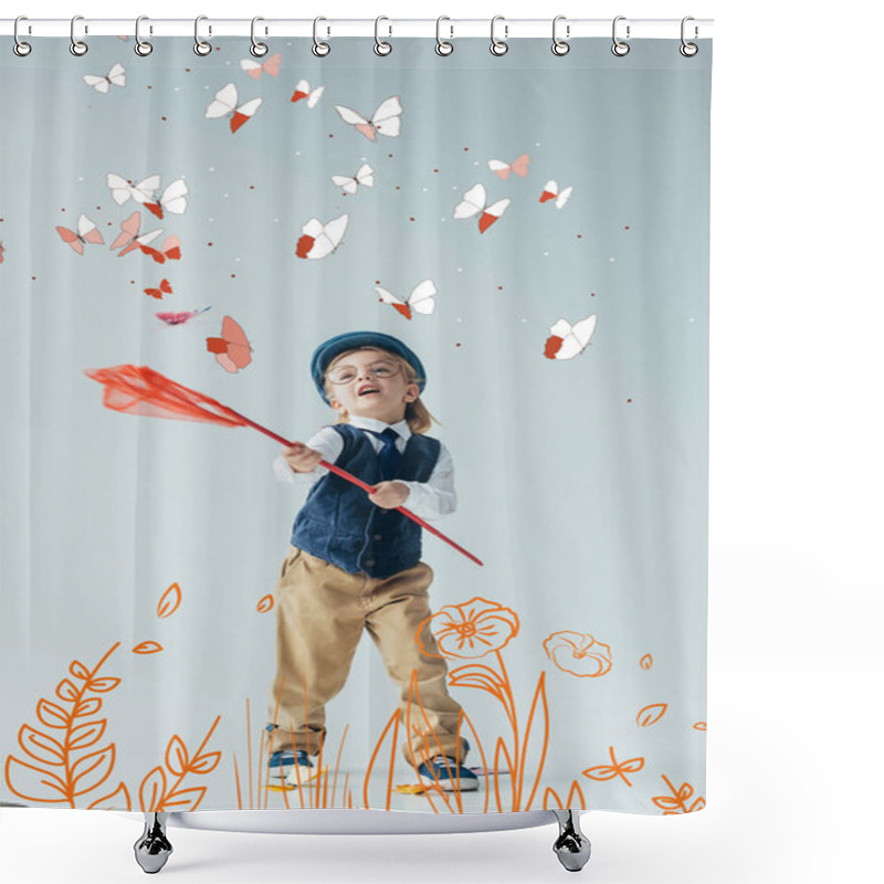 Personality  Cute And Blonde Kid In Retro Vest And Cap Catching Butterflies With Butterfly Net On Fairy Meadow With Flowers Shower Curtains