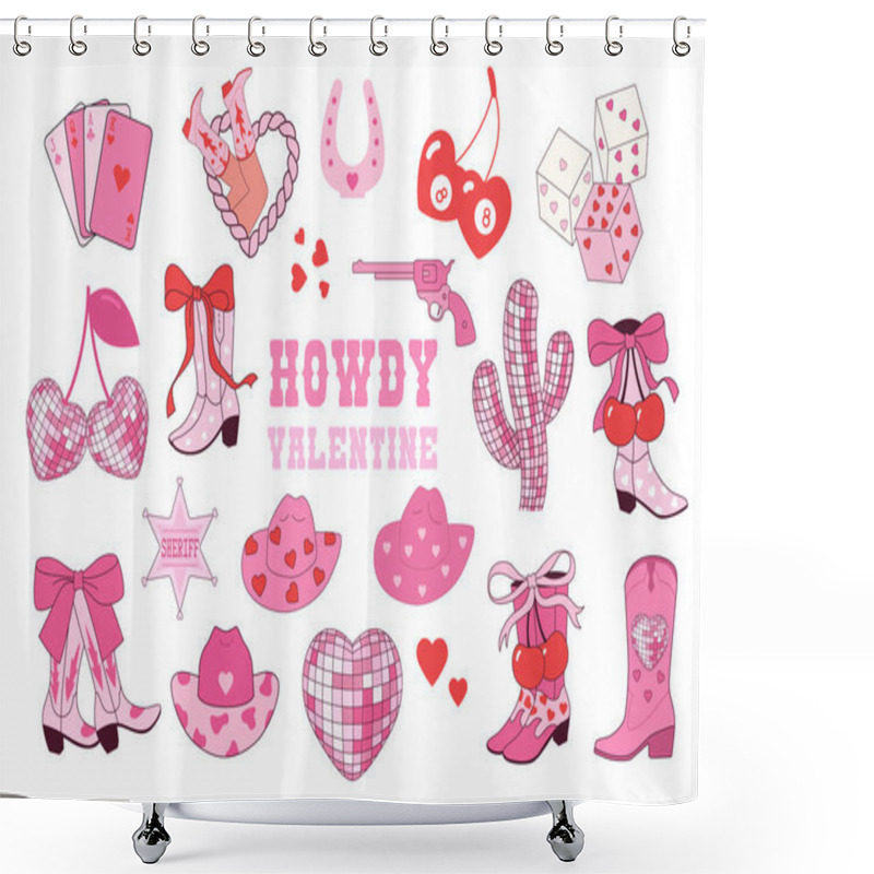 Personality  Howdy Valentine. Valentines Day Icons Set Cowboy Style, Wild West. Vector Illustration Shower Curtains