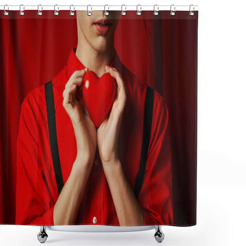 Personality  Cropped View Of Young Man Holding Small Heart In His Hands On Red Background, Valentines Day Concept Shower Curtains