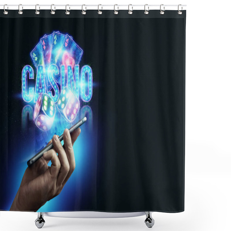 Personality  In A Man's Hand A Smartphone With Neon Playing Cards, Roulette And Chips, The Inscription Casino. Concept For Online Games, Online Casino, Gambling, Bets. 3D Illustration, 3D Rendering. Shower Curtains