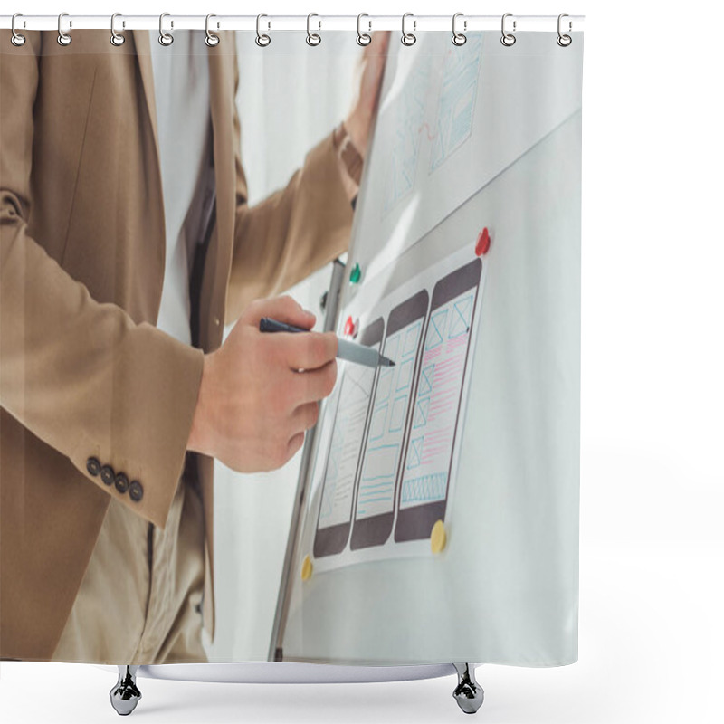 Personality  Cropped View Of Designer Making Notes On App Interface Sketches On Whiteboard In Office Shower Curtains