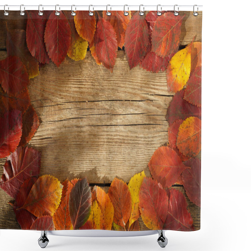 Personality  Autumn Background. Frame. Copy Space. Red, Orange Leaves From Trees On A Wooden Background. Alder Leaf. Shower Curtains