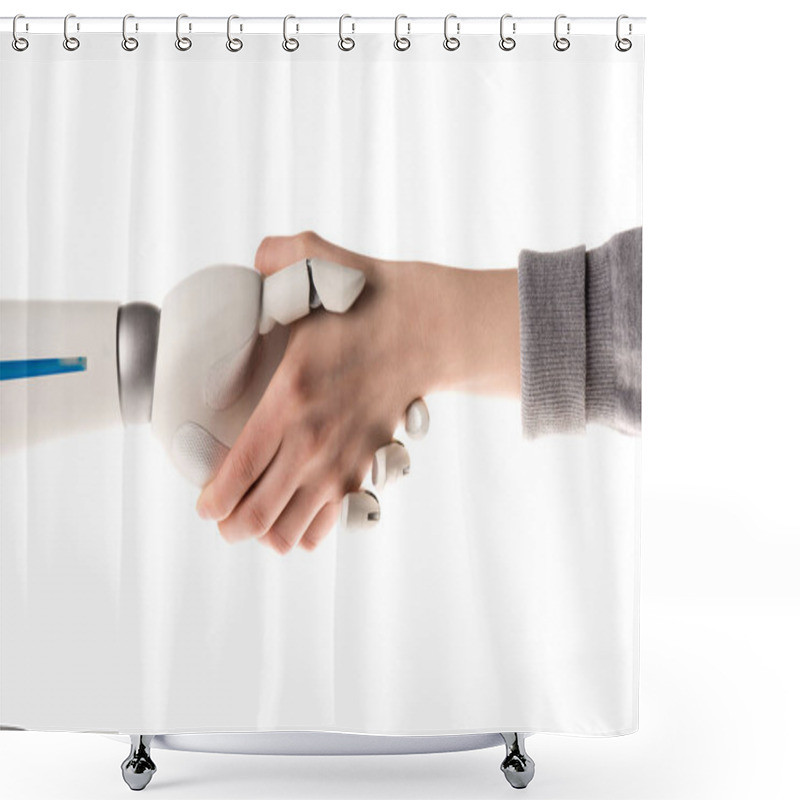 Personality  Cropped Image Of Robot And Woman Shaking Hands Isolated On White Shower Curtains