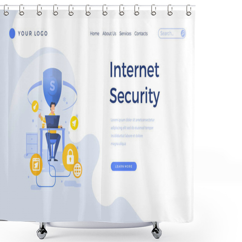 Personality  Landing Page Template Internet Security Concept With Office Male Character. Shower Curtains