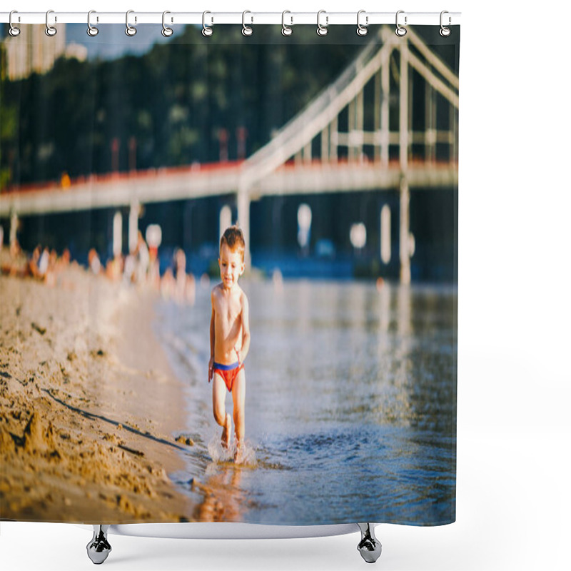 Personality  Theme Summer Outdoor Activities Near The River On The City Beach In Kiev Ukraine. Little Funny Baby Boy Running Along The River Bank, Jumping A Splash Of Water Sandy Beach Summer Time Shower Curtains