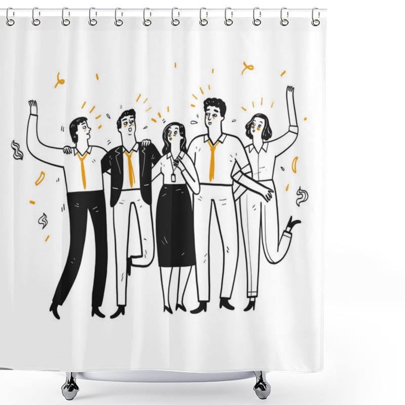 Personality  Company Employee Or Businessman Walk In Line Talk Happily, Hand Drawn Vector Illustration In Sketch Doodle Style. Shower Curtains