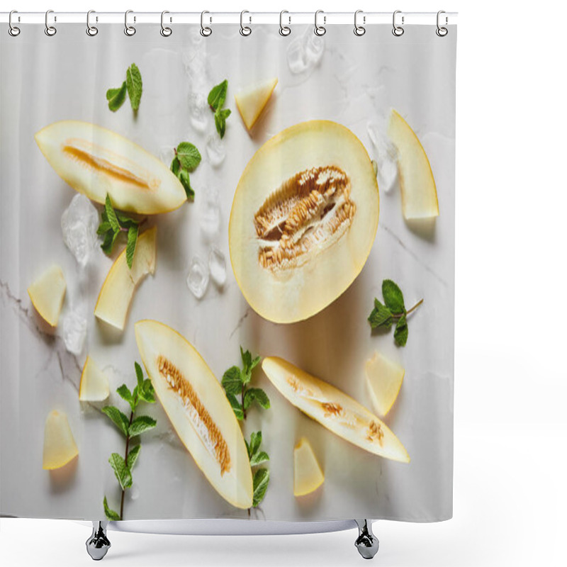 Personality  Top View Of Cut Tasty Melon On Marble Surface With Mint And Ice Shower Curtains