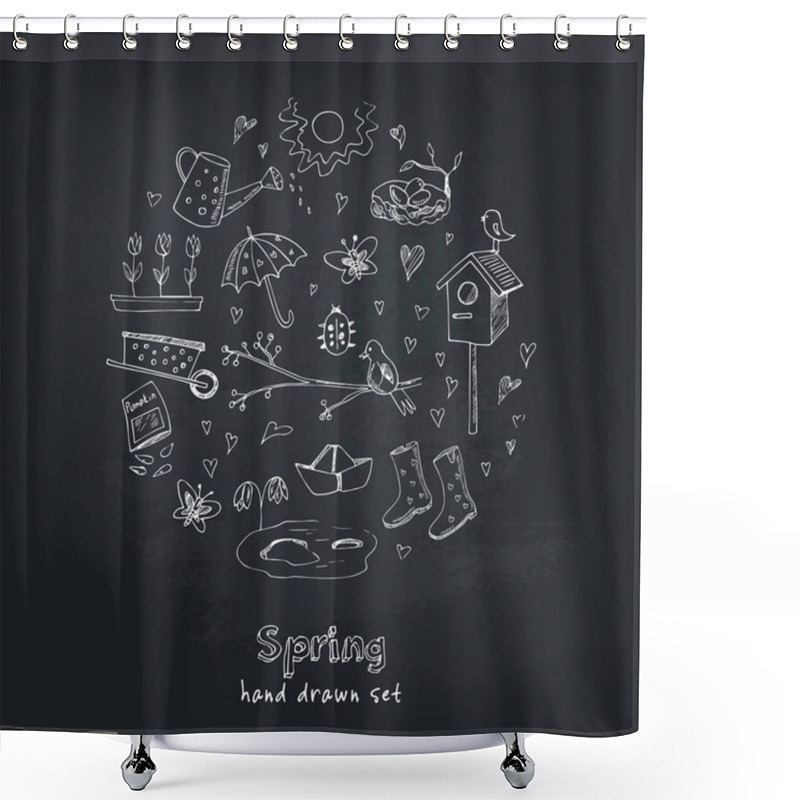 Personality  Spring Doodles Set. Hand Drawn Flowers, Cats, Birds, Eggs, Instruments, Boots, Clouds, Butterflies. Shower Curtains