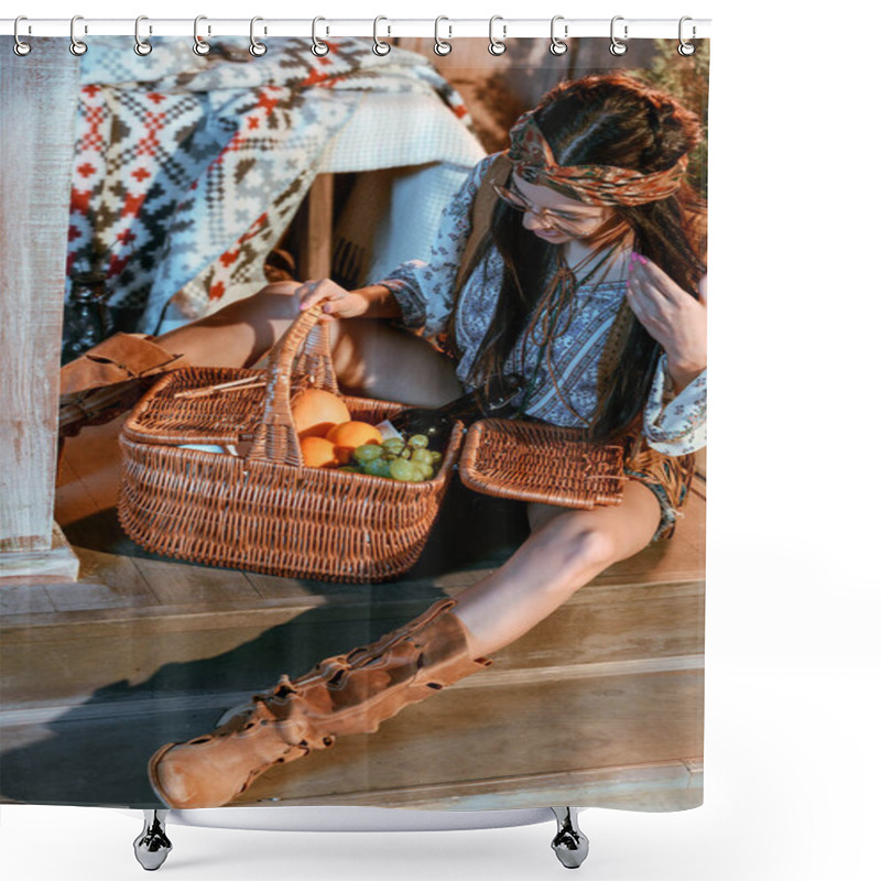 Personality  Bohemian Woman Looking At Basket Of Fruits Shower Curtains