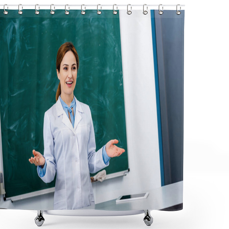 Personality  Smiling Chemistry Teacher In White Coat Explaining Lesson In Front Of Blackboard Shower Curtains