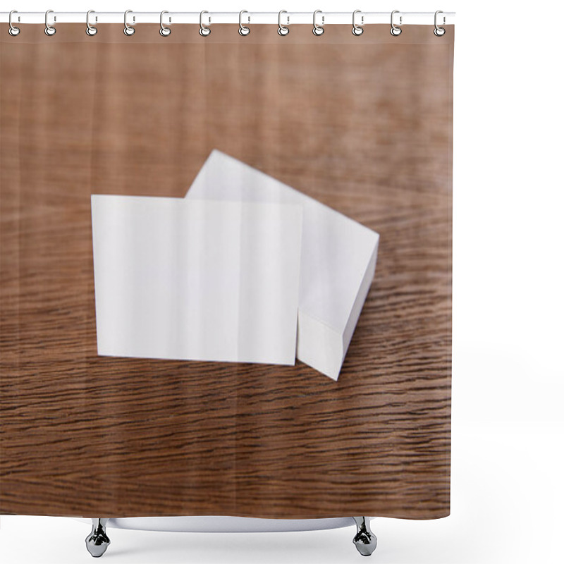 Personality  Selective Focus Of Stack Of Blank Business Cards At Wooden Table  Shower Curtains