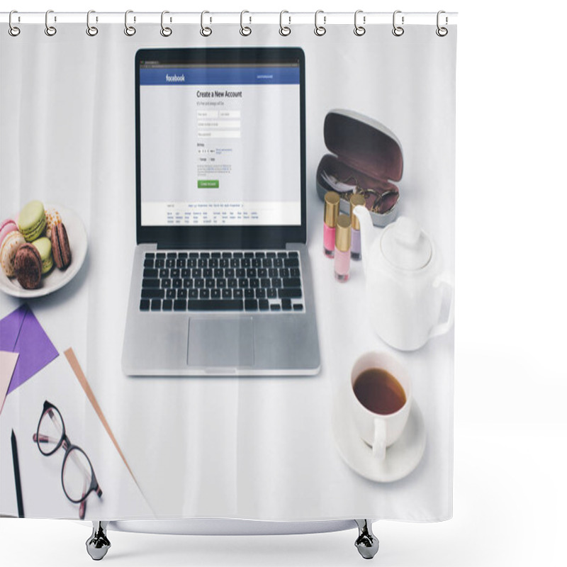 Personality  Laptop With Facebook Website At Workplace Shower Curtains