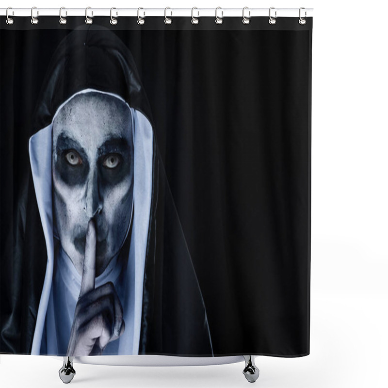 Personality  Closeup Of A Frightening Evil Nun, Wearing A Typical Black And White Habit, Asking For Silence, Against A Black Background With A Blank Space On The Right Shower Curtains