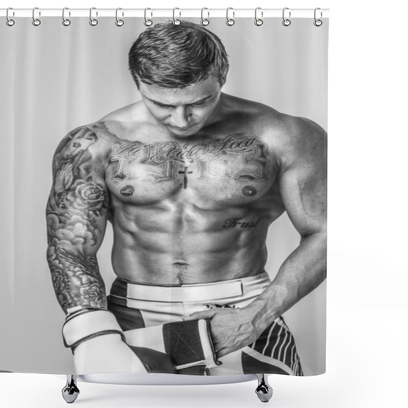 Personality  A Muscled And Tattooed Man Is Putting On Boxing Gloves Shower Curtains