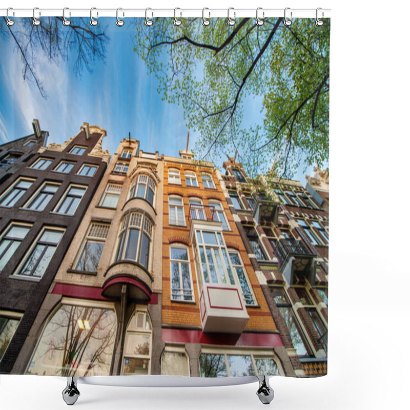 Personality  Classic Buildings Of Amsterdam Along City Canals, Surrounded By Trees. Shower Curtains