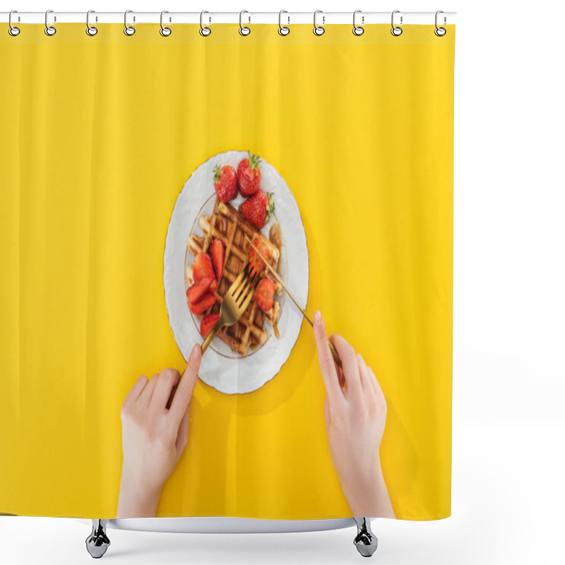 Personality  Cropped View Of Woman Cutting Waffle On Plate On Yellow Shower Curtains