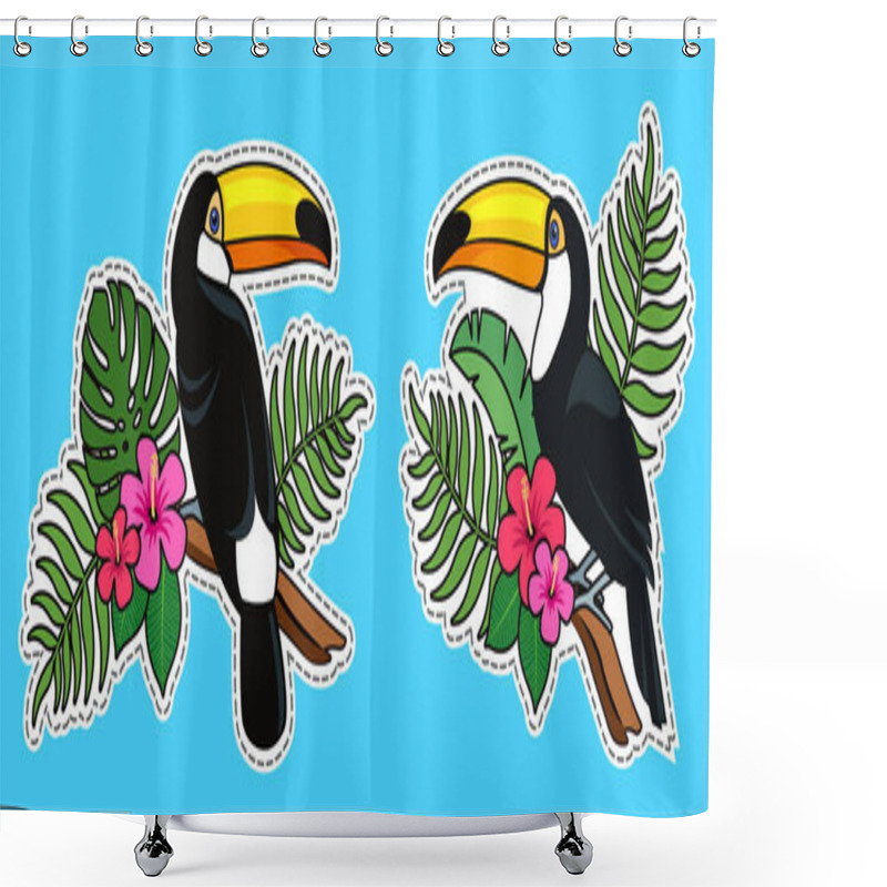 Personality  Toucan Bird Patches. Vector Illustration Of Toucan Sitting On A Branch With Tropical Leaves And Flowers Of Hibiscus. Cute Colorful Stickers Of Toucan Shower Curtains