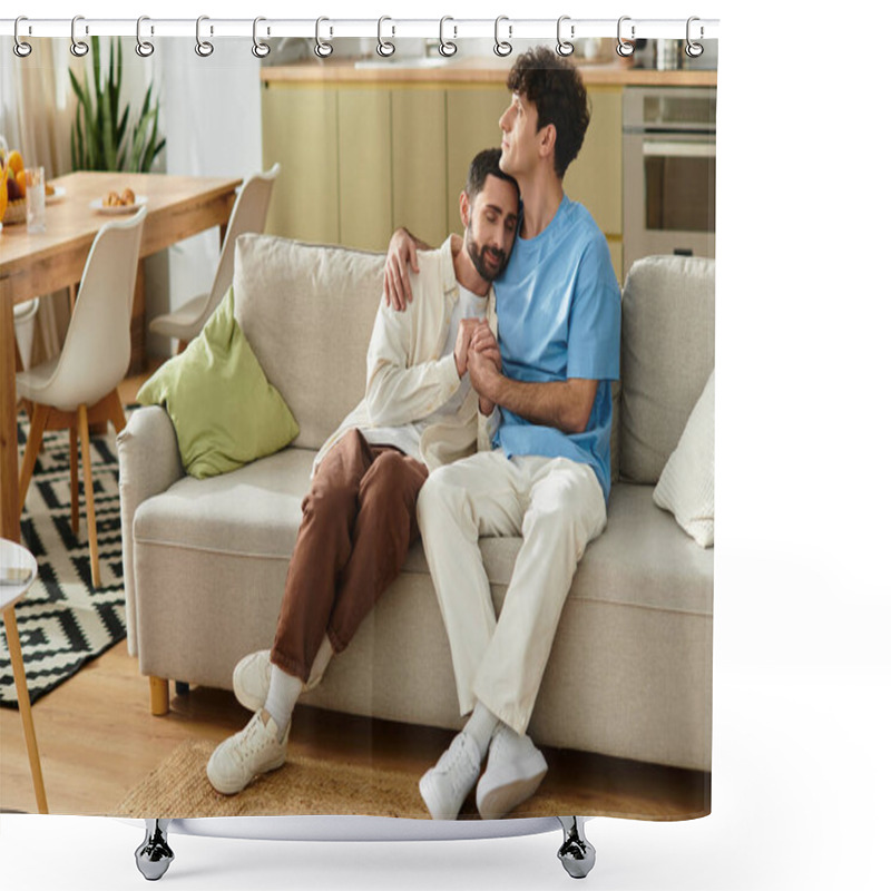 Personality  Two Men Share A Tender Embrace While Enjoying Each Other's Company In Their Home. Shower Curtains