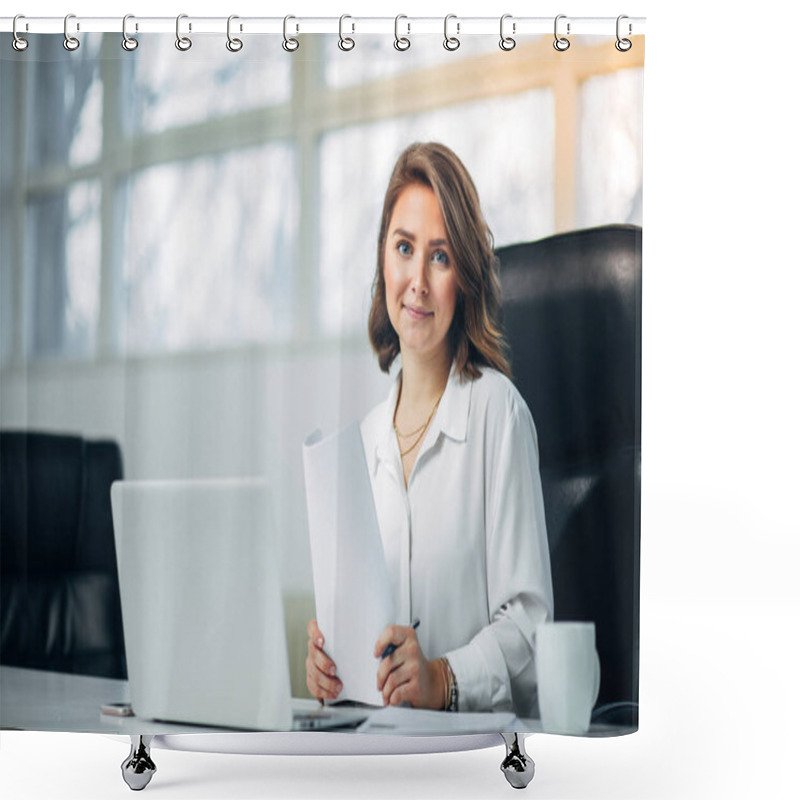 Personality  Young Woman Working In Office Shower Curtains