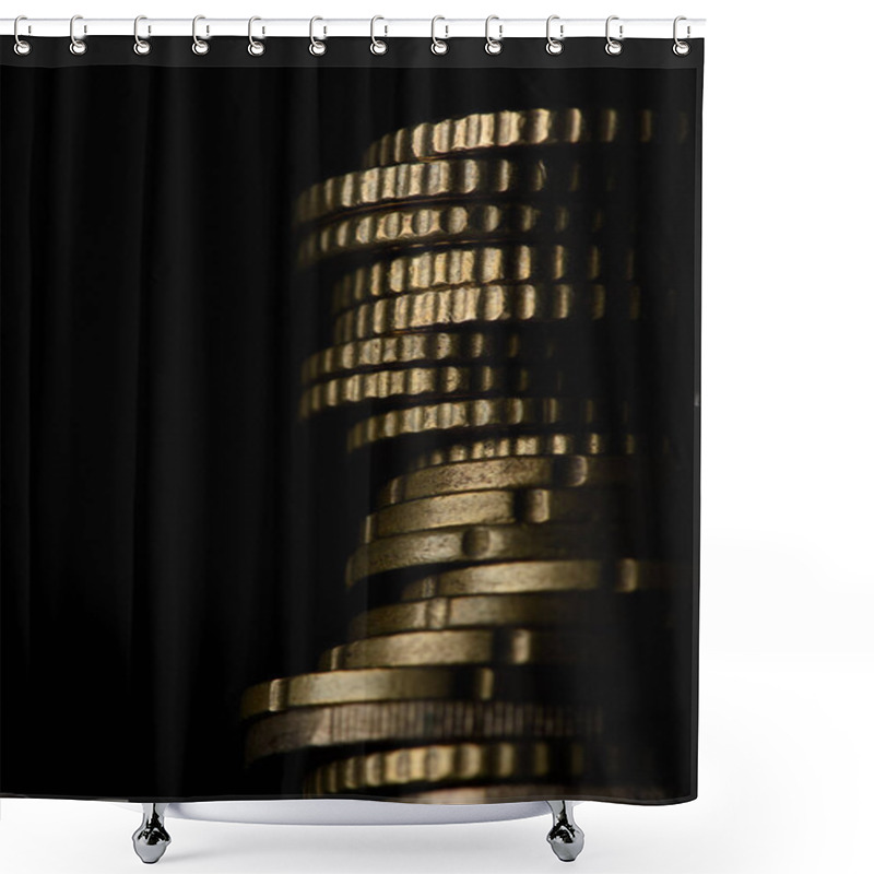 Personality  Close Up View Of Pile Of Coins Isolated On Black Shower Curtains