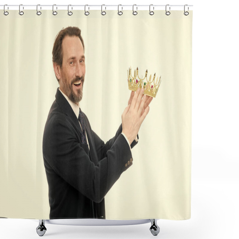 Personality  Business King. Mature Businessman Holding Crown. Senior Man Representing Power And Triumph. Success In Business. King Of Style. Achieving Victory And Success. Fit For A King Shower Curtains