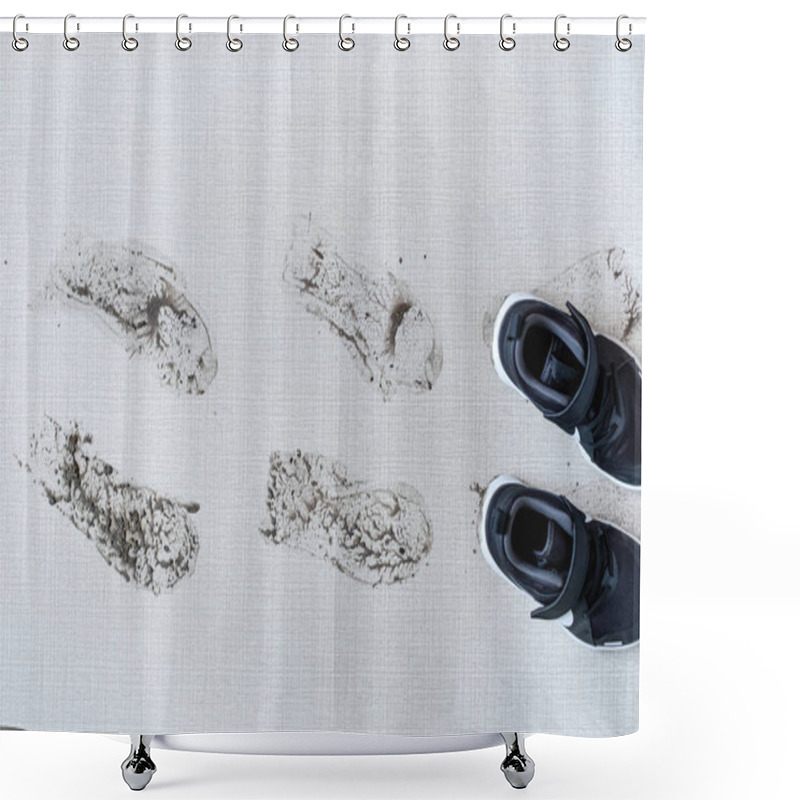 Personality  Dirty Shoes Leaving Muddy Footprints On Carpet. Top View Shower Curtains