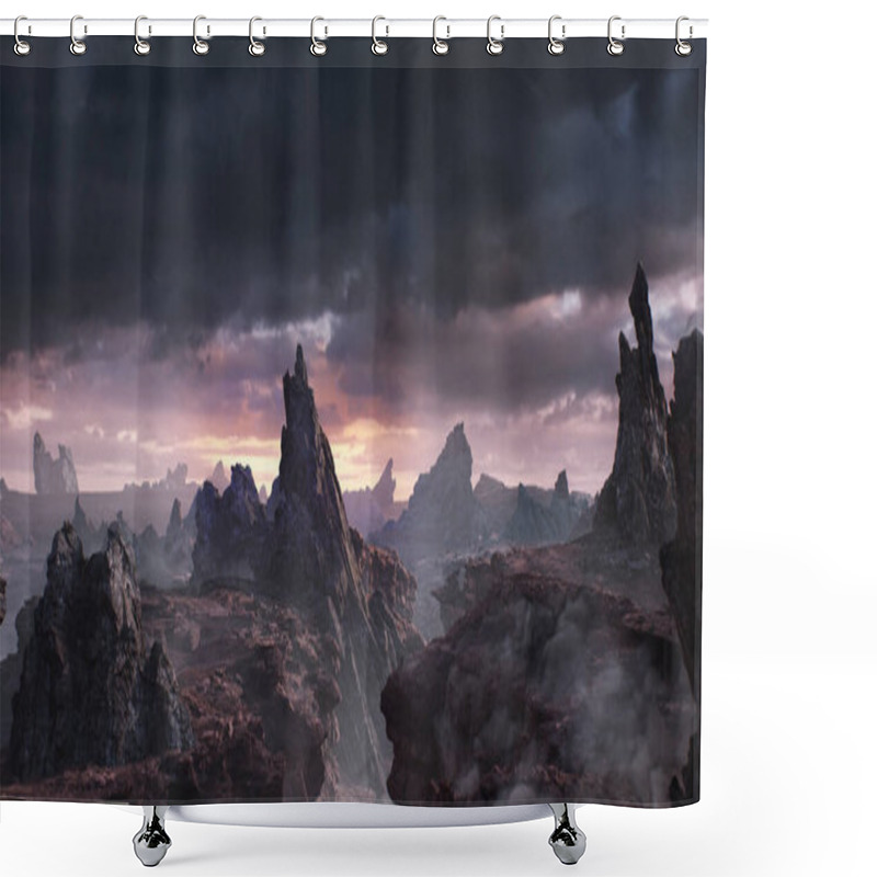 Personality  The Mystical Dark World Of Rocks. Cinematic View. 3d Render Shower Curtains