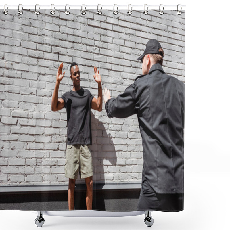 Personality  Policeman In Cap Detaining African American Man With Raised Hands, Racism Concept  Shower Curtains