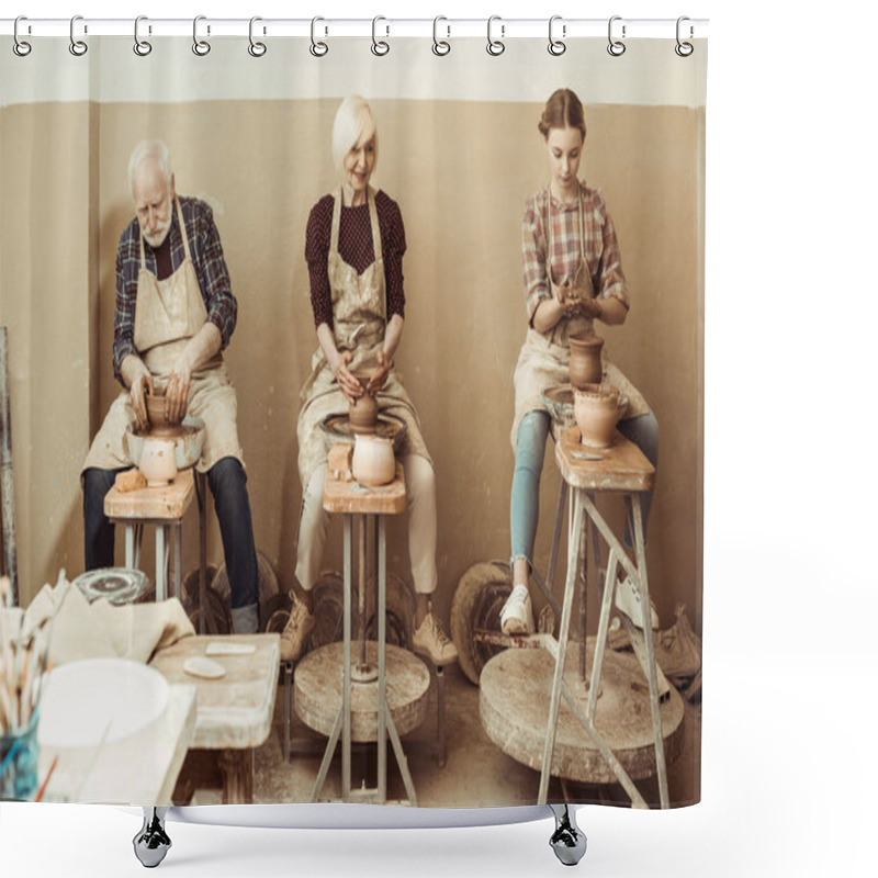 Personality  Grandmother And Grandfather With Granddaughter Making Pottery At Workshop Shower Curtains